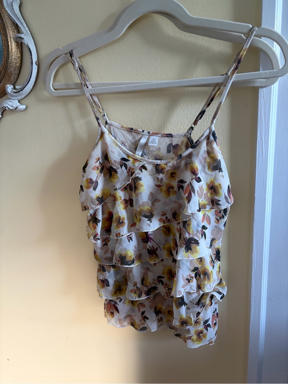 LC Lauren Conrad White Floral Ruffle Camisole with Yellow Accents